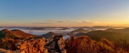 Burgruine Wegelnburg mit Nebel im Hintergrund