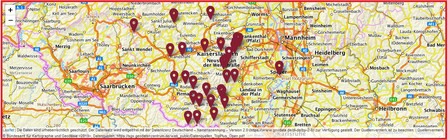 Karte der Pfalz mit Markierungen der Liegenschaften