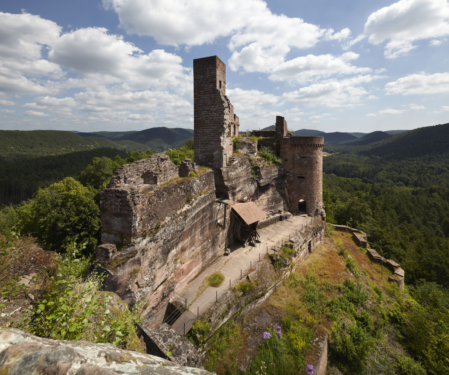 Burgruine mit einem eckigen und einem runden Turm auf einem Felsen